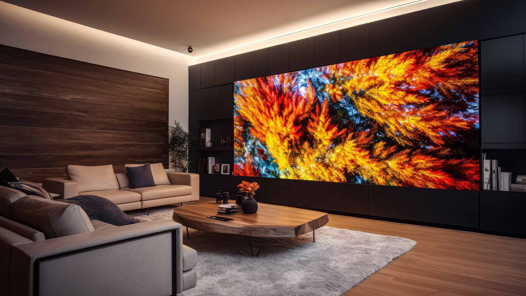 A media room with a wall sized LED display running edge to edge above dark millwork